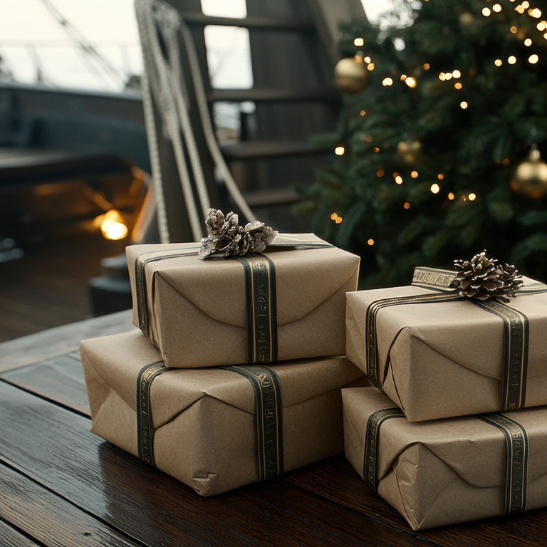 Couples exchanging gifts on a sailboat at sunset